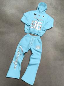 STEELVANCE Bộ 2 quần nỉ và áo hoodie in khẩu hiệu Chicago dành cho nam, trang phục mùa thu - Màu xanh nhạt - Xem 2