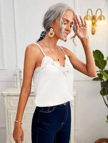 SHEIN Frenchy Áo hai dây ren viền vỏ sò màu trắng phong cách nghỉ dưỡng thường ngày mùa hè dành cho nữ - trắng - Xem 3