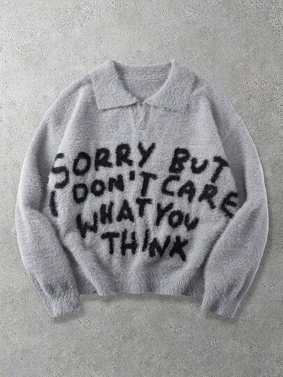 Men's Loose Fit Slogan Graphic Long Sleeve Faux Fur Sweater, Autumn/Winter