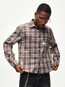 ROMWE MEN Street Life Abrigo casual y de moda con estampado de cuadros y aplicaciones de rhinestone para hombre, adecuado para el uso diario en otoño - Marrón - Ver 2