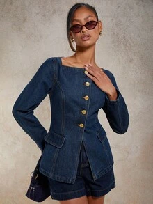 COSMINA Women's Solid Color Square Neck Button Front Long Sleeve Casual Denim Blouse, Old Money, Fall Women Clothes - Blue - View 4