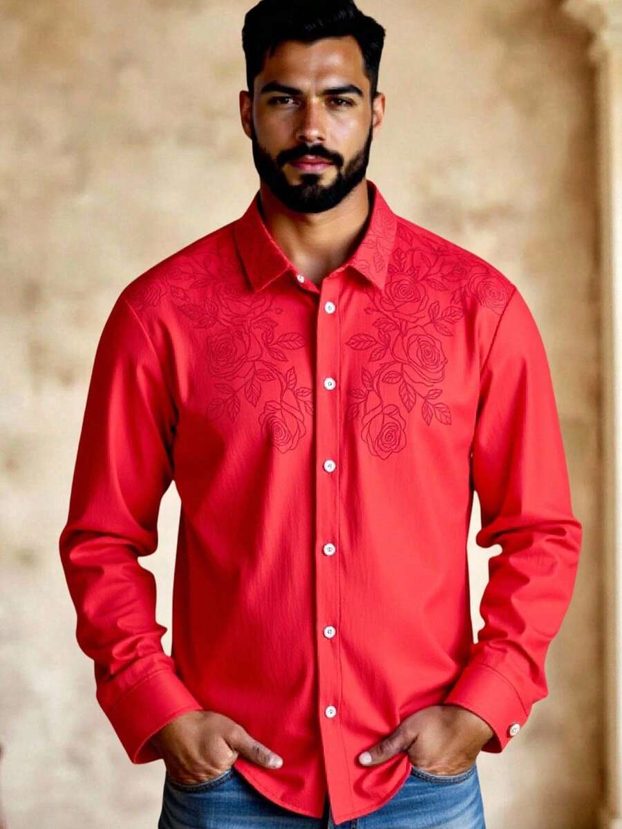 Manfinity VCAY Men's Floral Print Long Sleeve Single-Breasted Casual Shirt Red And White Men Shirt Red Men Shirt Cherry Men Shirt Red Design Shirt Mens Casual Shirt - Multicolor - View 1
