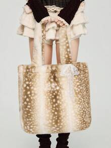 ROMWE Fairycore 1 Túi đeo vai cỡ lớn bằng vải nhung hươu chất lượng cao dành cho nữ kèm nơ - màu nâu - Xem 2