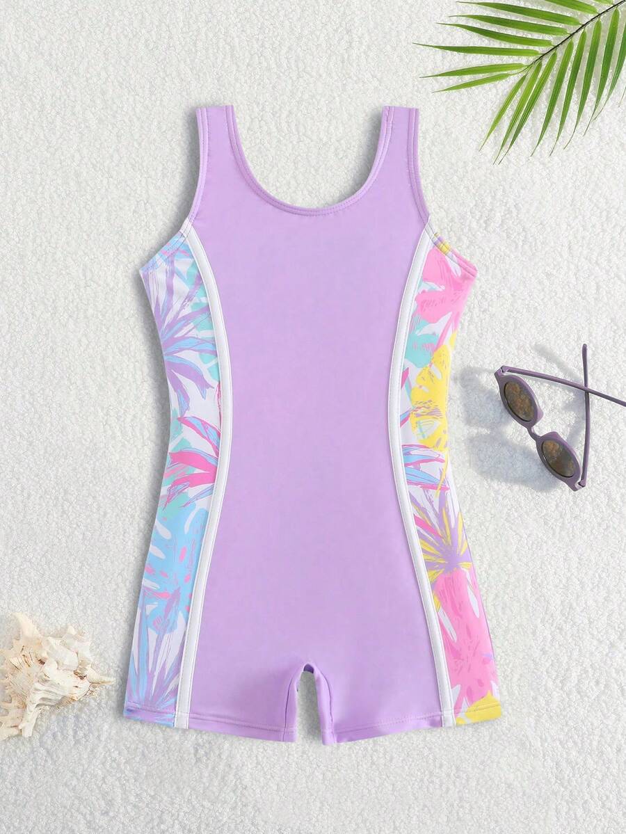 Sparklyn Nuevo traje de baño de una pieza con estampado de plantas tropicales y short para niñas jóvenes de moda - Morado - Ver 1