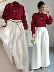 Franclia Áo sơ mi dài tay cổ bẻ cài nút đơn và quần ống rộng xếp ly cho nữ - Trang phục dự tiệc thanh lịch - Nhiều màu - Xem 1