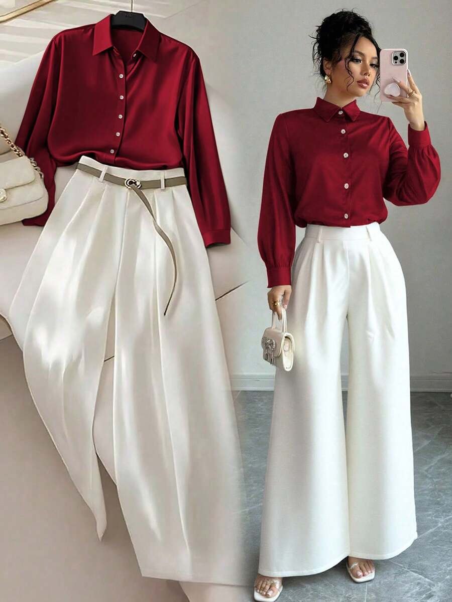 Franclia Áo sơ mi dài tay cổ bẻ cài nút đơn và quần ống rộng xếp ly cho nữ - Trang phục dự tiệc thanh lịch - Nhiều màu - Xem 1