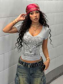 StreetHx 女式哥特式花卉印花水钻 V 领短袖修身 T 恤，朋克风格 V 领复古 T 恤 - 灰色 - 查看 6