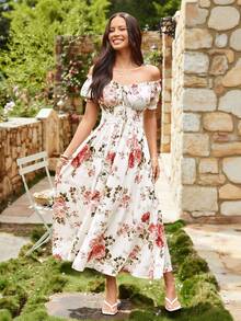 KARISMINA 花卉印花编织露肩A字连衣裙，收腰设计，夏季连衣裙，海滩风，浪漫情人节连衣裙 - 紅白色 - 查看 6