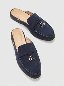 CUCCOO BIZCHIC Sandal Selop Datar Wanita, Sepatu Mules Kasual Minimalis Warna Polos untuk Musim Semi - Navy Blue - View 5