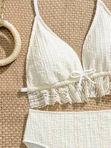 Bộ bikini 2 mảnh cho bé gái tuổi teen, Bộ sưu tập mới năm 2026, Đồ bơi thời trang màu mơ và trắng, thanh lịch, nữ tính, năng động, dễ thương, thích hợp để bơi lội, đi nghỉ, đi biển, đi hồ bơi, chụp ảnh, làm quà tặng - Màu be - Xem 3