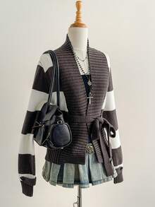 SHEIN Unity Cardigan Wanita Kasual Motif Garis-Garis Blok Warna dengan Tali Depan, Musim Gugur/Dingin - MultiWarna - View 1