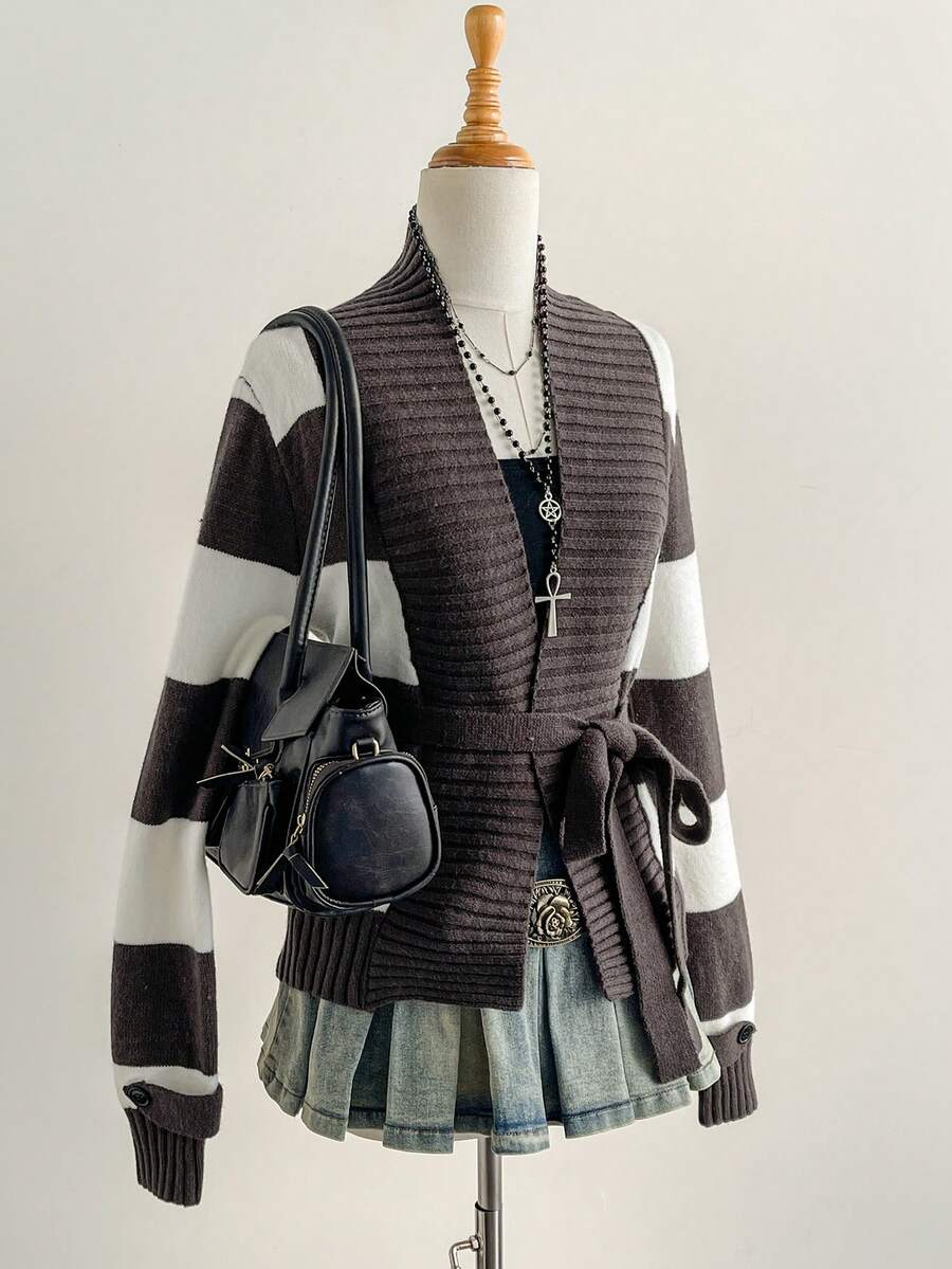 SHEIN Unity Cardigan Wanita Kasual Motif Garis-Garis Blok Warna dengan Tali Depan, Musim Gugur/Dingin - MultiWarna - View 1