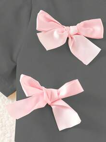 Tween Girls' Casual Everyday Commute School Style Contrast Color Bow Decor Short Sleeve T-Shirt & Pleated Mini Skirt Set, Summer - Grey - View 4