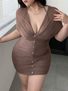 Vibekara Plus Size Sheer Mesh Patchwork Halter Neck Cold-Shoulder Short Sleeve Bodycon Dress - Mocha Brown - View 6