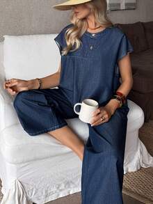 EMERY ROSE Women's Round Neck Short Sleeve Loose Fashion Casual Denim Set, Summer,Valentine's Day,Summer,Carnival,Beach,Party,Elegant Party Dress,Going Out - Blue - View 1