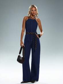 TRNVIE Fashionable Casual Sexy Backless Strap Denim Jumpsuit - Dark Wash - View 4