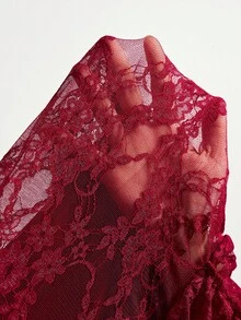 Bohemela 波西米亚风优雅休闲纯色针织蕾丝露肩喇叭长袖短款女式上衣 - 酒紅色 - 查看 8