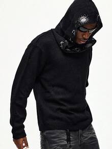 ROMWE MEN Street Life Men's Mysterious Pattern Embroidered Hooded Fringe Trim Knit Sweater - Black - View 1