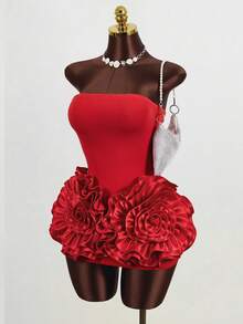 Mistrie 女士优雅派对礼服，纯色3D立体花卉修身无肩带连衣裙 - 紅色 - 查看 4