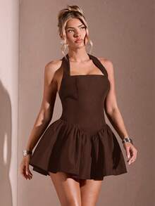 SHEIN BAE Solid Color Square Neck Backless Square Collar Pleated Mini Dress Backless Dress Bubble Sleeveless Dresses Summer - Coffee Brown - View 4