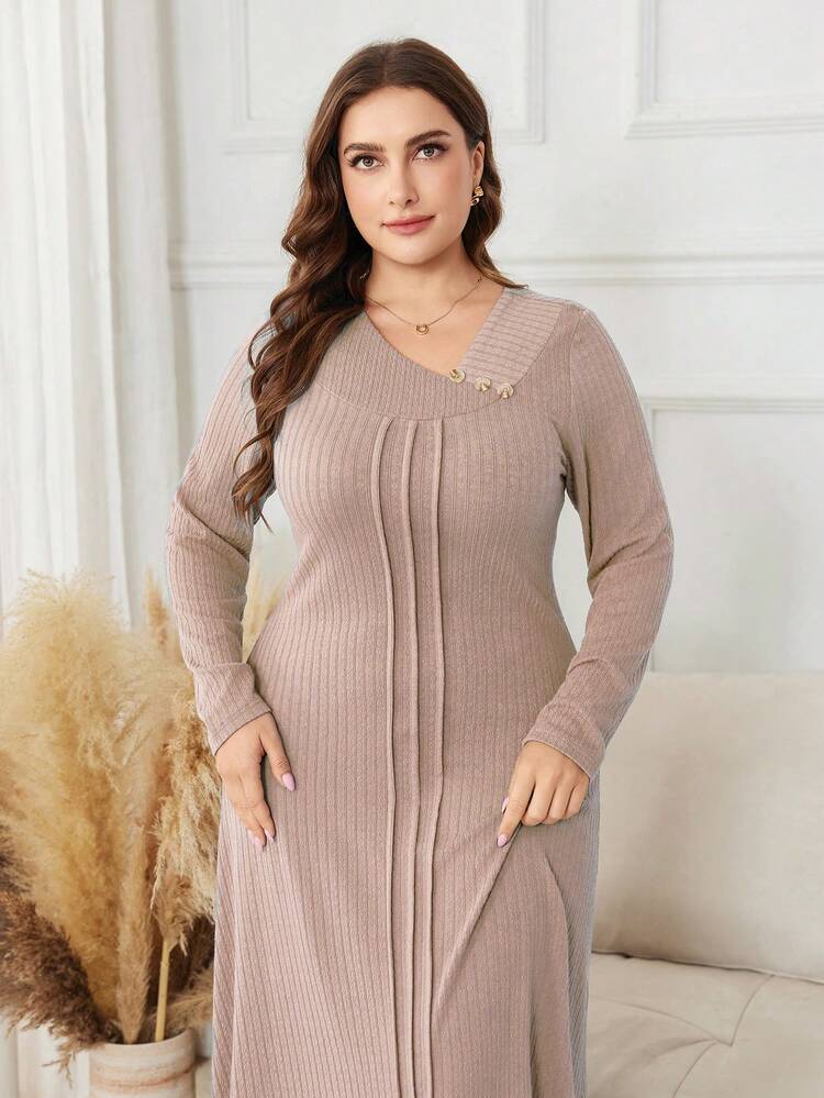Lacomfia Váy Maxi Dệt Kim Jacquard Màu Trơn Tay Dài Cỡ Lớn Thường Ngày - Hồng - Xem 5