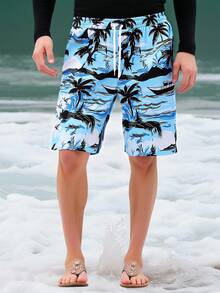 青少年男孩深色系印花舒适运动短裤 - 藍色 - 查看 1