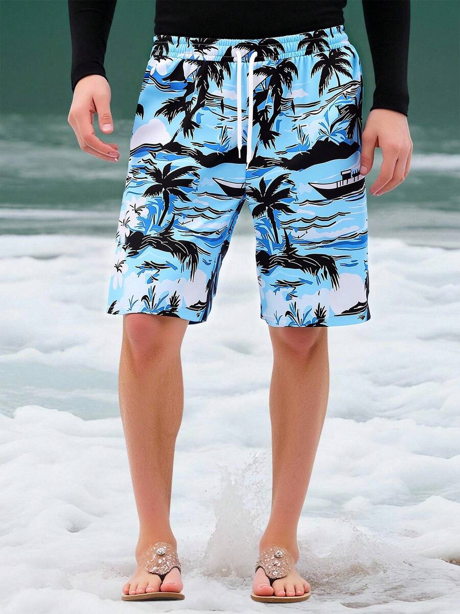 青少年男孩深色系印花舒适运动短裤 - 藍色 - 查看 1