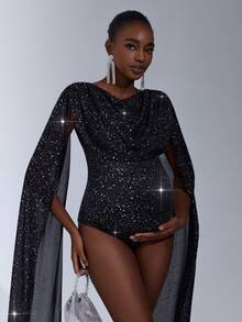 Cheriluna Maternity 孕妇写真服装 - 长款披肩式连体衣，饰有金属光泽 - 黑色 - 查看 4