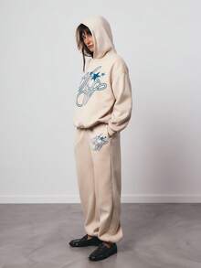 SURIMA 2pcs/Set Casual Beige Color Minimalist Pattern Hooded Long Sleeve Loose Fit Women Outfit, Suitable For Spring/Autumn - Apricot - View 3