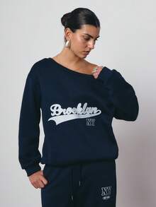 SURIMA 女士宽松露肩卫衣和阔腿运动裤两件套，加厚保暖内衬，适合秋冬季穿着 - 藏蓝色 - 查看 3