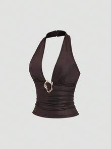 Sweetra New Metallic Buckle Shiny Elastic Fabric Cocoa Brown Y2K Street Party Deep V-Neck Backless Bodycon Tank Top For Women, Spring/Summer - Coffee Brown - View 7