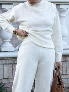 Melissa Matos 2 件套老年女士休闲舒适宽松针织毛衣和高腰弹力裤套装，秋冬 - 杏色 - 查看 5
