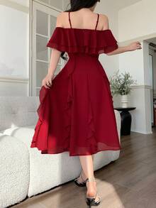 Feyla Vestido elegante de mujer con hombros descubiertos, volantes en el bajo y decoración floral 3D de unicolor - Rojo - Ver 6