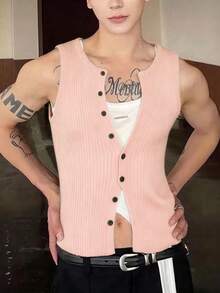 Manfinity Roghcode Men's Solid Color Front Button Rib Knit Vest - Coral Pink - View 3