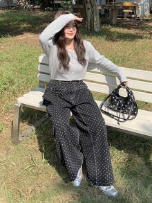 Dazy Plus 纯色拼接荷叶边修身休闲长袖T恤，春秋季 - 淺灰色 - 查看 6