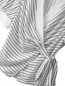 GlowEve CURVE Fashionable Casual French Retro Elegant Commuting Striped Bow Tie Blouse - White - View 5