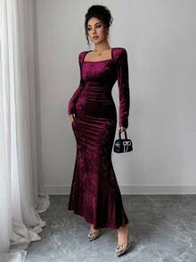 Elenzga 女士高领丝绒金色弹力针织修身连衣裙，优雅法式褶皱腰身鱼尾裙摆，适合工作、约会和正式场合，长袖，秋冬款 - 中紫紅色 - 查看 7