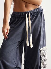 Bohemela Pantalones de chándal sueltos de punto de unicolor y cintura baja para mujer - Gris - Ver 2