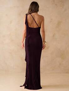 SHEIN BAE Asymmetric Ruched Backless Maxi Mesh Dress With Ruffle Hem, Elegant Women's Dress For Vacation & Beach, Spring/Summer ,Summer Dress - Maroon - View 2