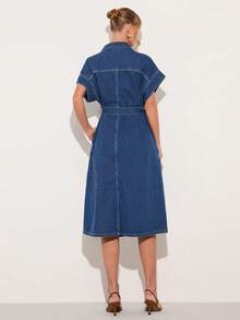 COSMINA Denim Vestido vaquero de manga corta con botones frontales, bolsillos y cintura con lazo, vestido vaquero elegante para ir al trabajo, vestido vaquero azul de manga corta, vestido vaquero casual para salidas y compras, vestido vaquero holgado, ajuste favorecedor, vestido vaquero para primavera/verano - Azul - Ver 4