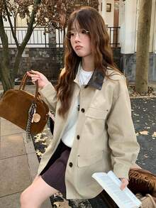 SHEIN K-Vae 女士撞色翻领单排扣时尚百搭秋冬风衣 - 卡其色 - 查看 5