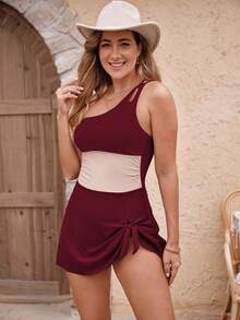 Swim Lushoire 2pcs/Set 2025 Women's New Colorblock One-Shoulder Soft Padded Tankini Swimwear, Slimming - Burgundy - View 4
