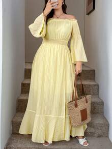 SHEIN LUNE Plus Size Women's Square Neck Long Sleeve Side Slit Hem Fashion DressYellow Maxi Dress Brown Dress With Slit Coffee Brown Dress Boho Maxi Dress High Slit Casual Dress, Autumn/Winter Bohemian Style,Beach Dress Sundress,Holiday Outfits Fall Clothes Back To School Night Out Long Sleeve Maxi Dress Maxi Dress With Long Sleeves Long Boho Dress Maxi Dress With Sleeves, Suitable For Spring/Autumn, Vacation & Dating Wedding Guest Dress Women Birthday Dresses For Women Elegant Solid Color Off Shoulder Wrap Dress, Suitable For Commuting Vacation Dress Woman Beach Dress For Woman Pale Yellow Dress Off Shoulder Summer Dress Smocked Women Dress Off Shoulder Dress Yellow Summer Dress Valentine's Day Id AI-Adha Smocked Dress Off Shoulder Smocked Dress Love And Lemonade Dress - Pale Yellow - View 8
