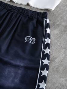2pcs/Set Casual Letter Embossed T-Shirt & Star Pattern Pants Set For Teenage Boys, Suitable For Daily, Commute, Leisure, Streetwear - Black and White - View 5