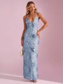 SHEIN Glamour 女士优雅性感亮片刺绣露背吊带连衣裙 - 淺藍色 - 查看 4