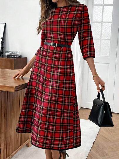 EMERY ROSE Women's Casual Plaid Pattern Mid-Length Dress, Suitable For Autumn/Winter Plaid Dress Women,Christmas