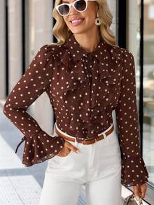 Solivie Damen Polka Punkt Muster Patchwork Volant Glockenärmel Braun Elegante Bluse, Elegante Bluse Frühling - Verschiedenfarbig - Übersicht 3