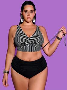 Shapewave Plus Size 2pcs Nylon Ribbed Fabric Crisscross Front Crop Top And High Waist Triangle Bottoms Casual Swimwear Set - Multicolor - View 3
