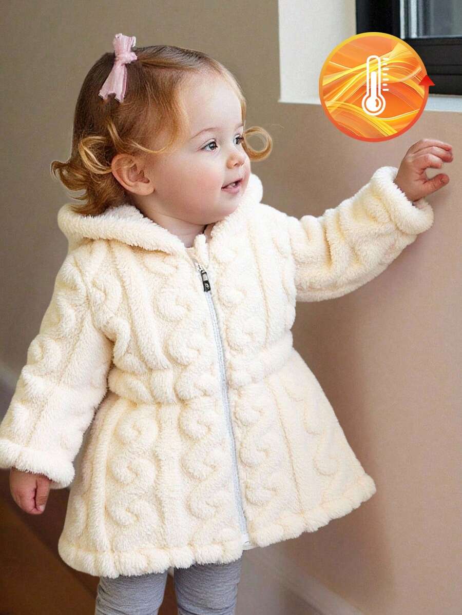 SHEIN Baby Girl Solid Zip Up Hooded Fuzzy Coat - Beige - View 1
