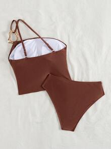 Swim Chiccia Stylish Rust 's Sleeveless Plain Tankini Top With Ring Detail And Matching Bikini Bottom - Rust Brown - View 7